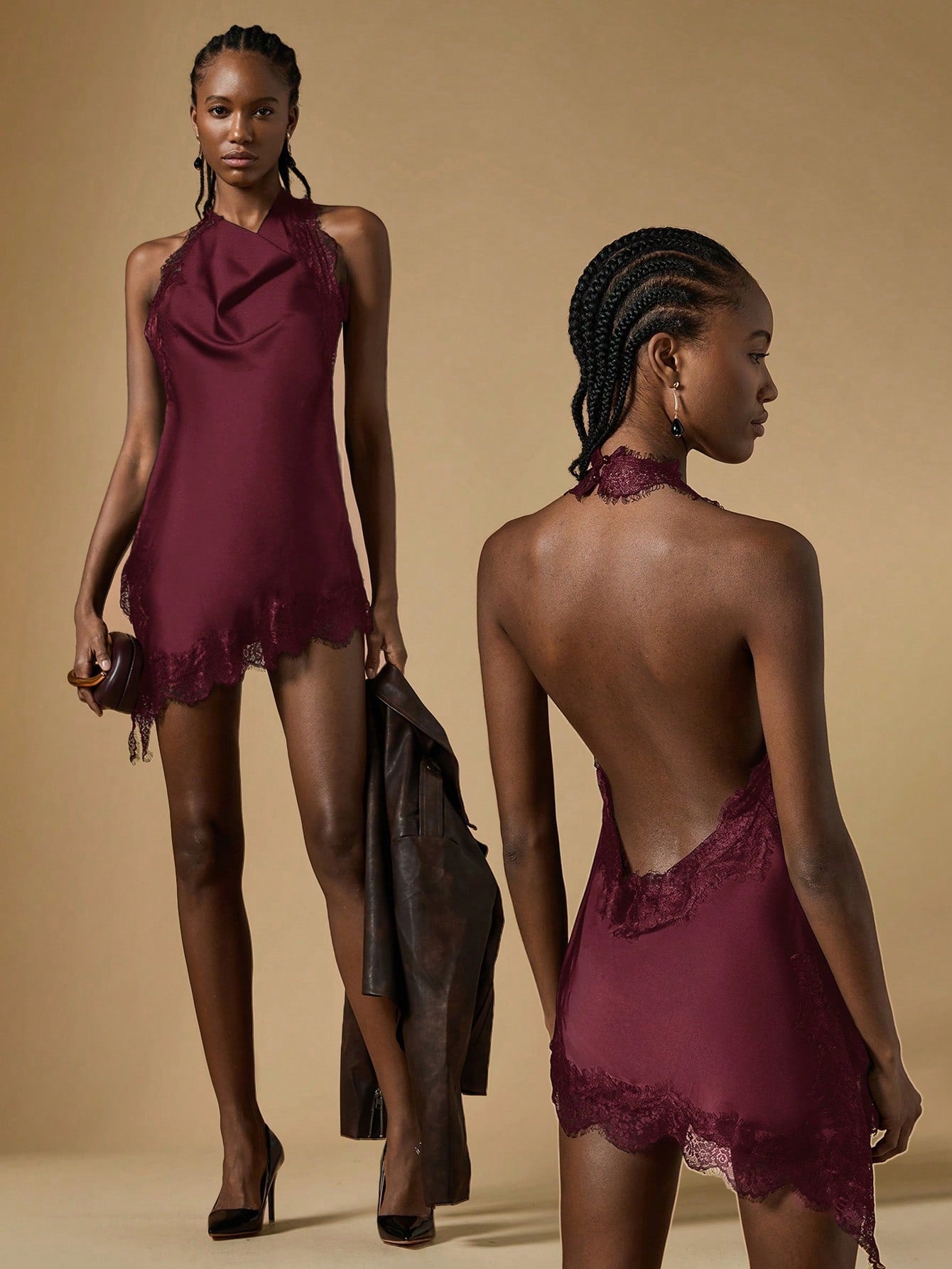 TOP HALTER SATINADO CON ENCAJE